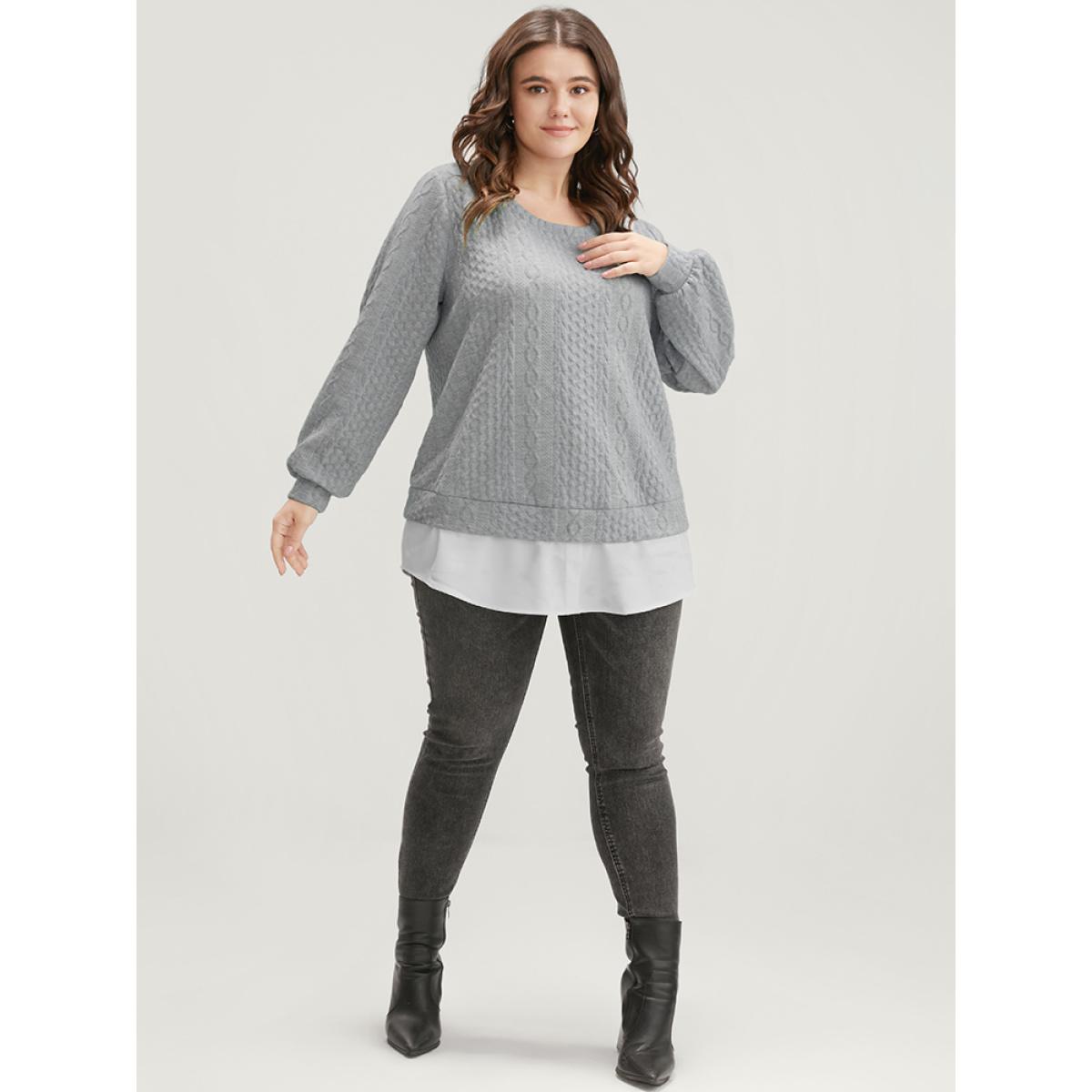 Plus Size Solid Textured Round Neck 2-In-1 Sweatshirt Women Gray Casual Patchwork Round Neck Dailywear Sweatshirts BloomChic 10/M Product Image