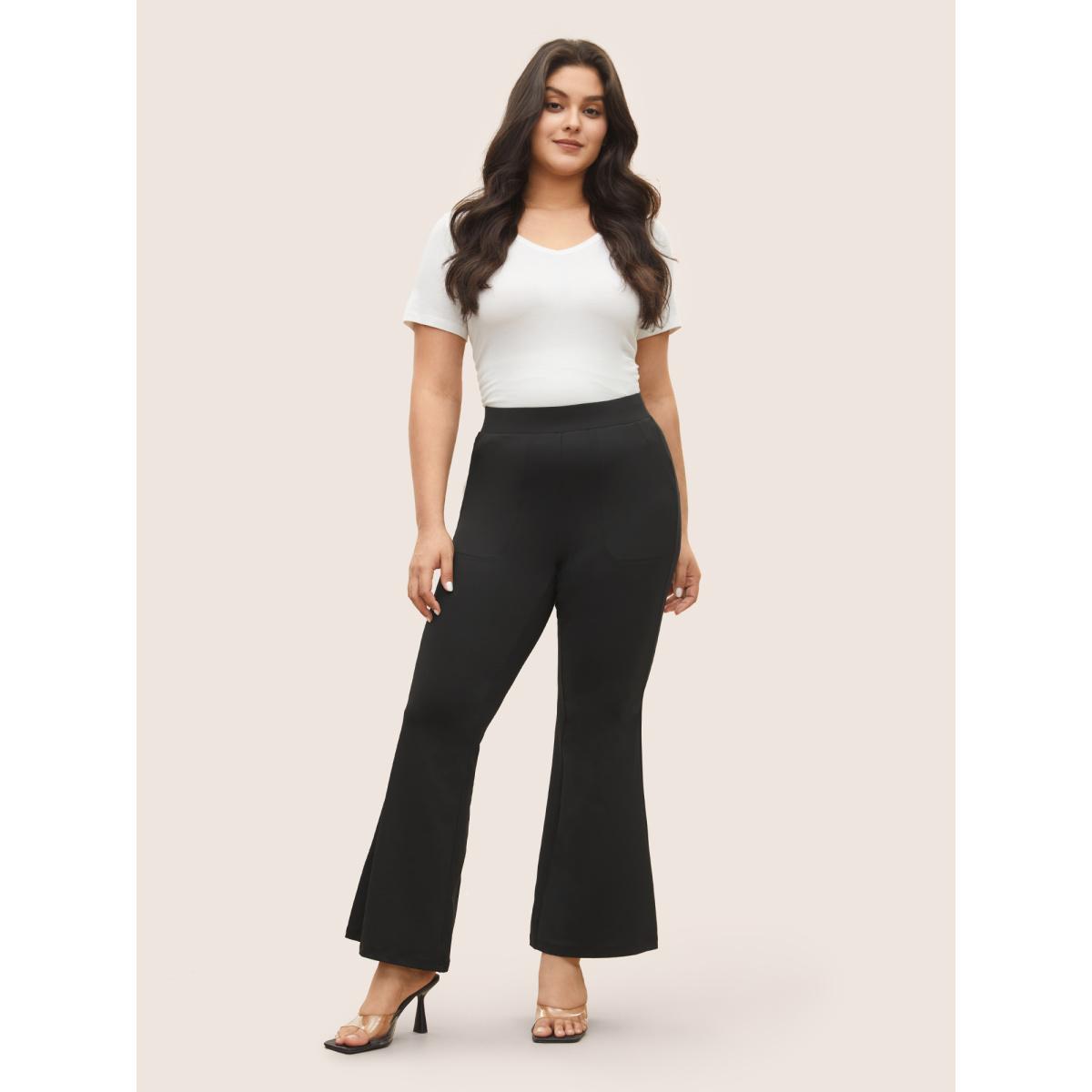 Plus Size Plain Elastic Waist High Rise Flare Leg Pants Women Black Elegant Flare Leg High Rise Everyday Pants BloomChic 10/M Product Image