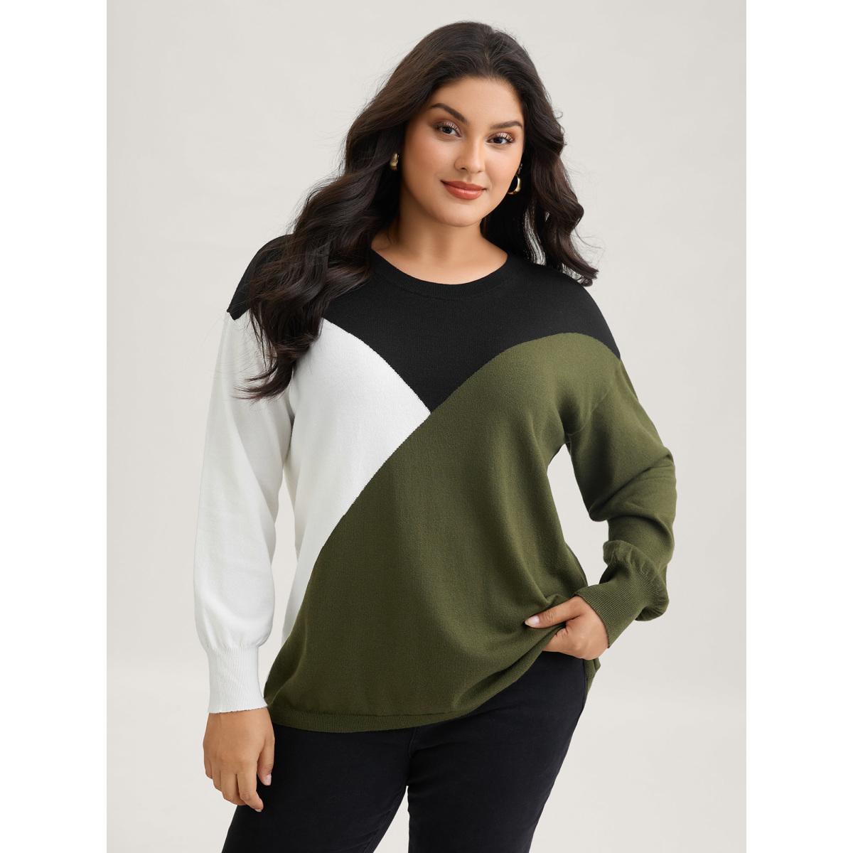 Plus Size Supersoft Essentials Colorblock Contrast Pullover ArmyGreen Women Leisure Long Sleeve Round Neck Casual Pullovers BloomChic 26/4X Product Image