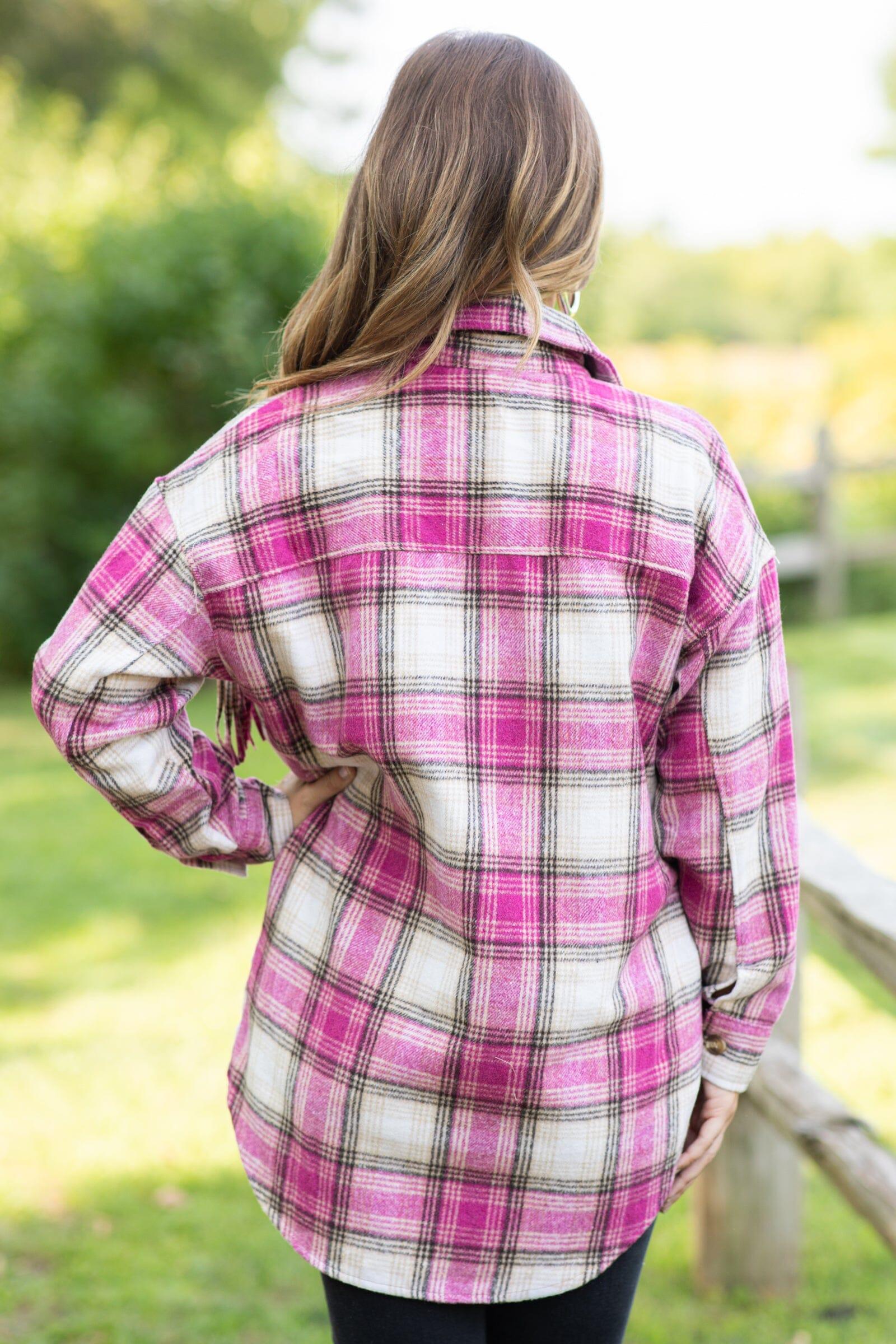 Fuchsia and Ivory Plaid Shacket With Fringe Product Image