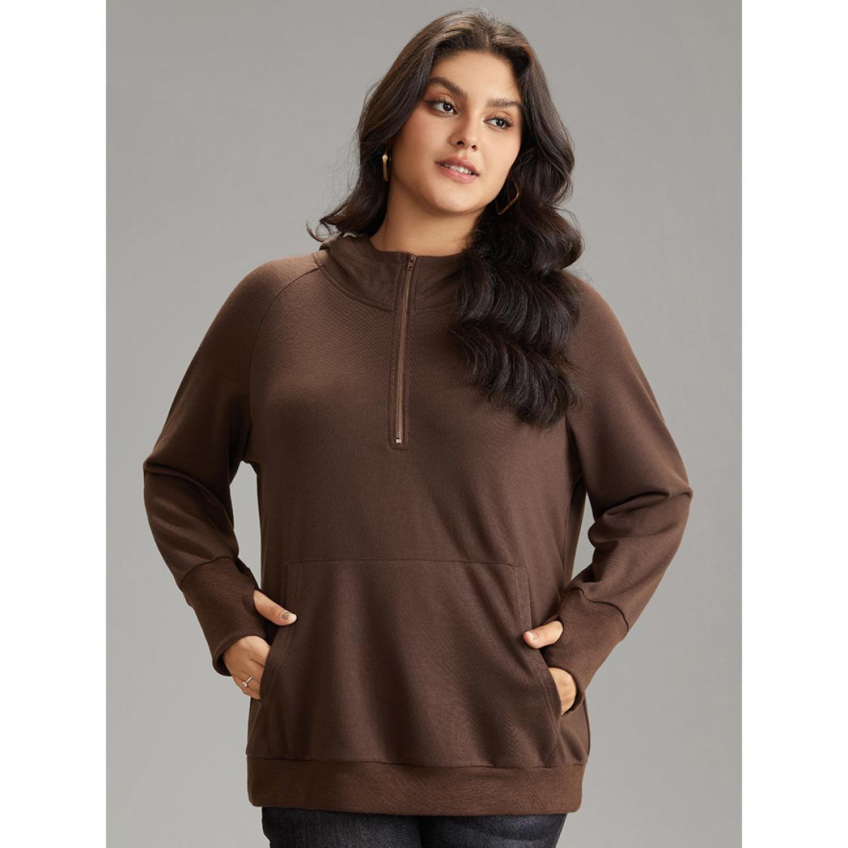 Plus Size Plain Thumb Hole Hooded Kangaroo Pocket Sweatshirt Women DarkBrown Casual Plain Hooded Dailywear Sweatshirts BloomChic 30/6X Product Image