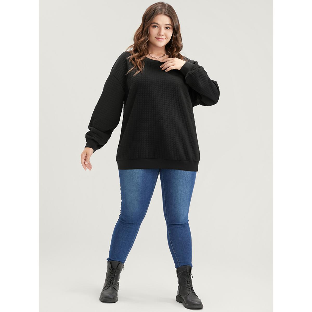 Plus Size Solid Textured Drop Shoulder Sweatshirt Women Black Casual Round Neck Dailywear Sweatshirts BloomChic 26/4X Product Image