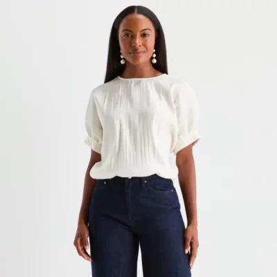 Worthington Womens Round Neck Short Sleeve Blouse Product Image