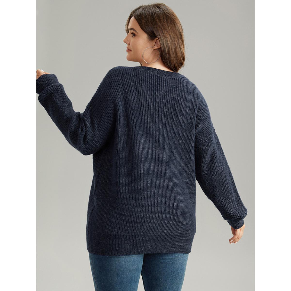 Plus Size Beaded Round Neck Elastic Cuffs Pullover Midnight Women Casual Loose Long Sleeve Round Neck Dailywear Pullovers BloomChic 12/L Product Image