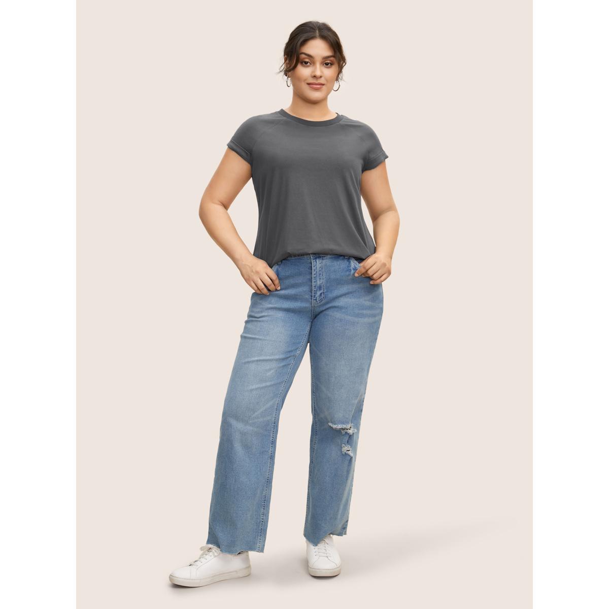 Plus Size Cotton Solid Crew Neck Roll Sleeve T-shirt DimGray Women Casual Roll Hem Round Neck Everyday T-shirts BloomChic 26/4X Product Image