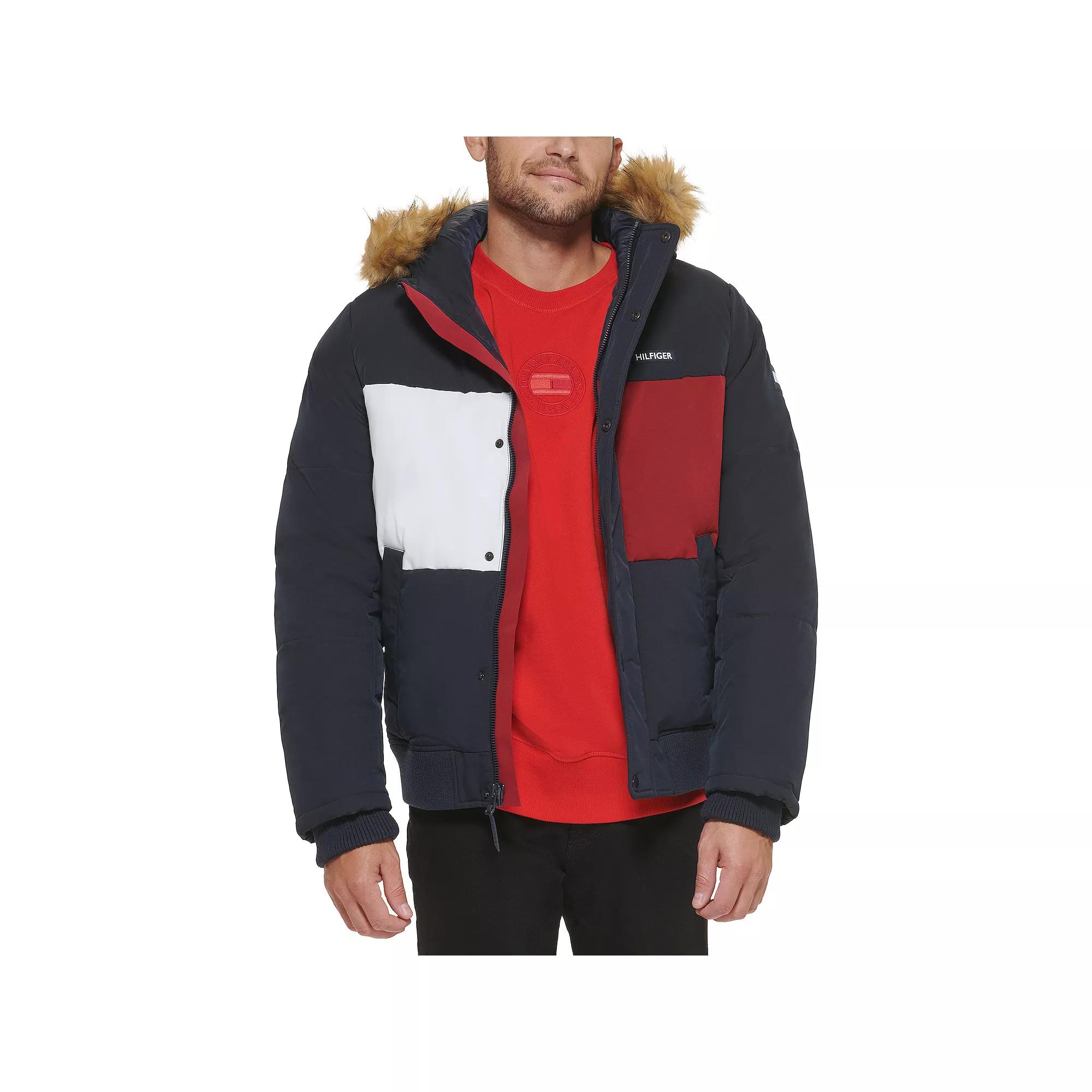 Men's Tommy Hilfiger Flex Tech Snorkel Bomber with Removable Faux Fur Trim, Size: Small, Blue Colorblock Product Image