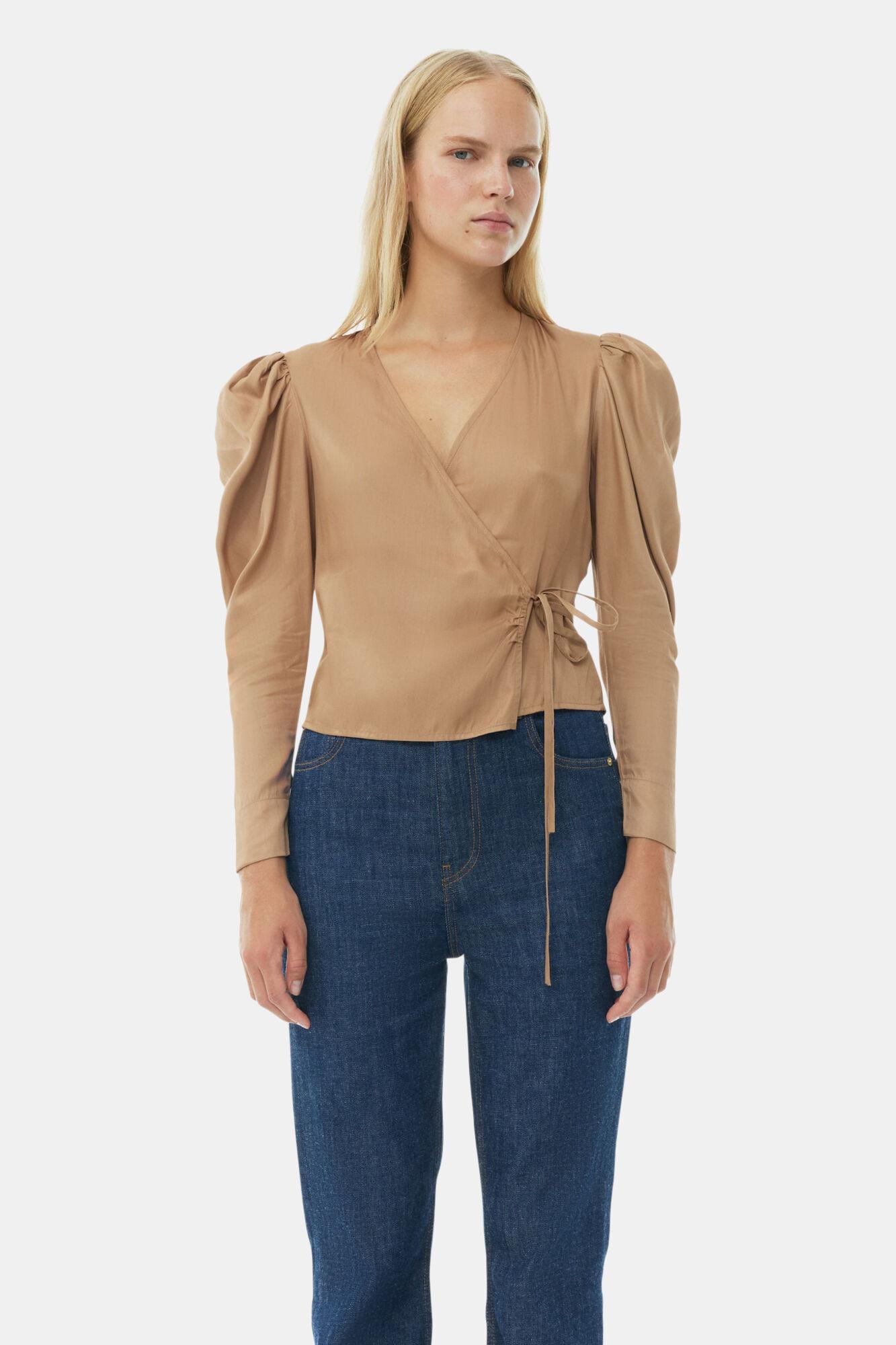 Brown Twill Wrap Blouse Product Image