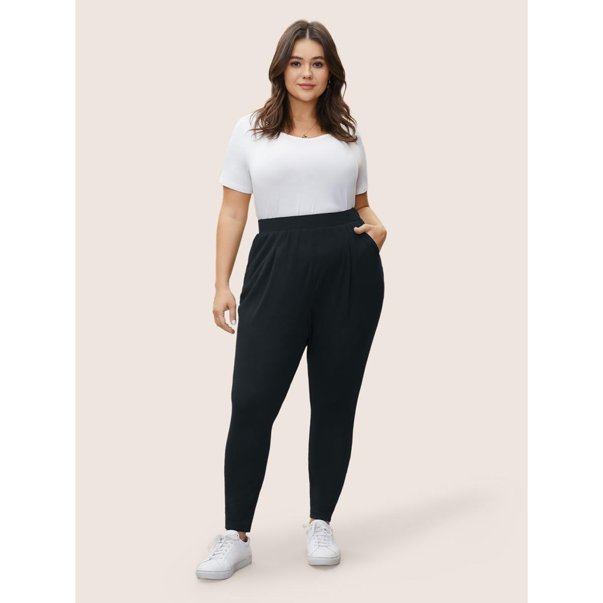 Plus Size Solid Mid Rise Gathered Elastic Waist Pants Women Black Work From Home Mid Rise Work Pants BloomChic 28/5X Product Image