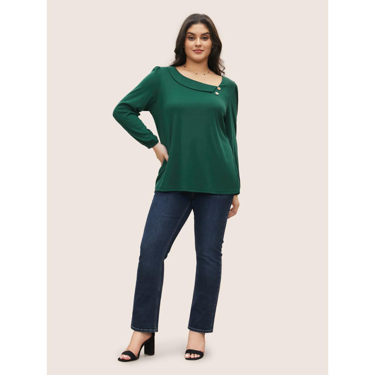 Plus Size Elastic Cuffs Asymmetrical Neck Button Detail T-shirt DarkGreen Women Elegant Button Plain Asymmetrical Neck Everyday T-shirts BloomChic 22-24/3X Product Image