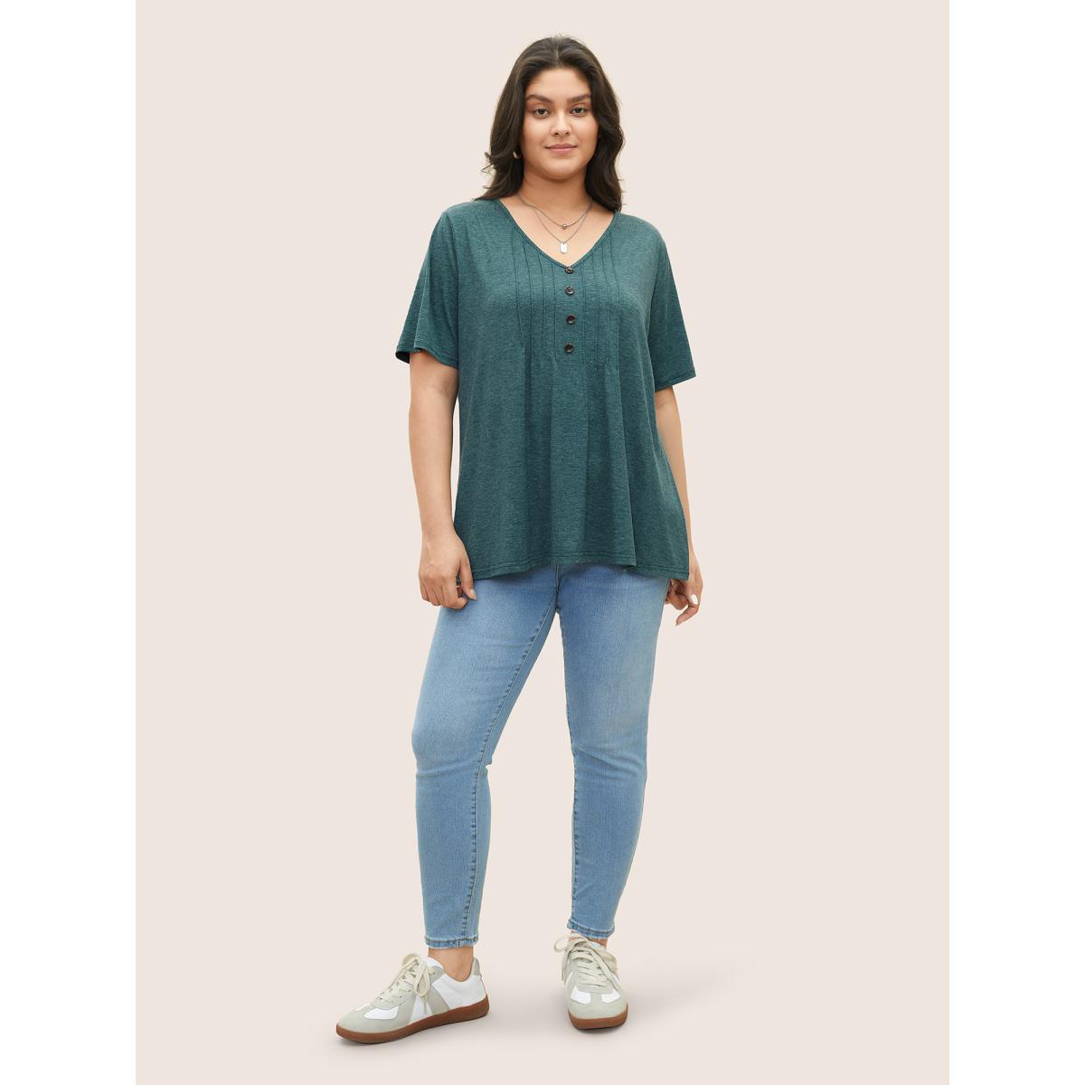 Plus Size Solid Pleated Front Button Detail V Neck T-shirt DarkGreen Women Casual Button Plain Everyday T-shirts BloomChic 30/6X Product Image