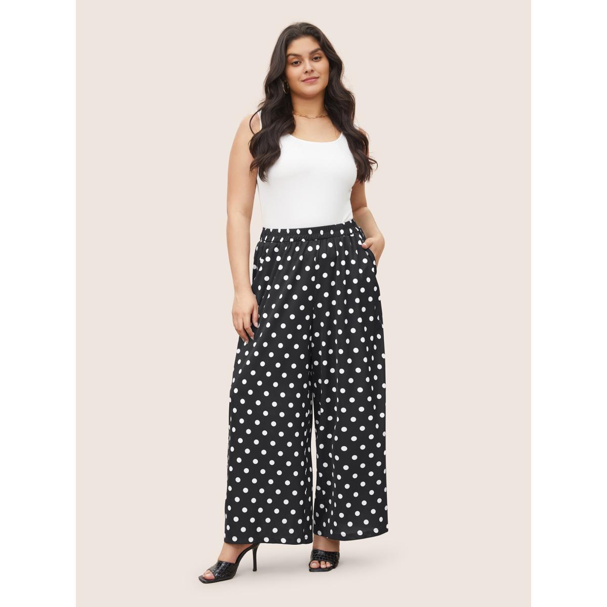 Plus Size Polka Dot Elastic Waist Wide Leg Pants Women Black Resort Wide Leg High Rise Vacation Pants BloomChic 18-20/2X Product Image