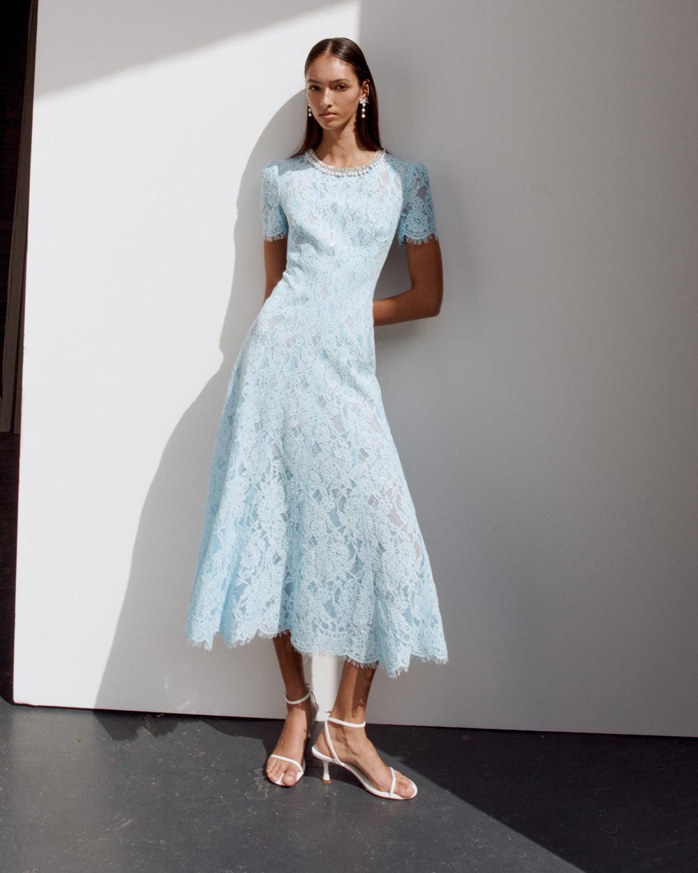 Blue Lace Embellished Midi Dress Product Image