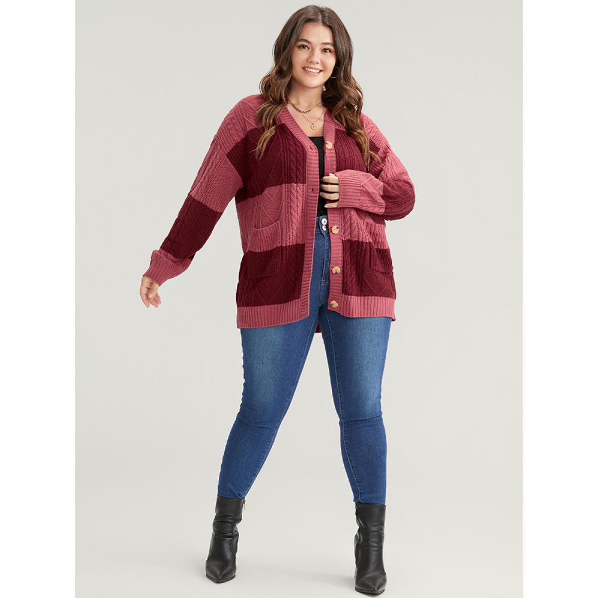 Plus Size Colorblock Contrast Pointelle Knit Pocket Button Front Cardigan Multicolor Women Casual Loose Long Sleeve Dailywear Cardigans BloomChic 10/M Product Image