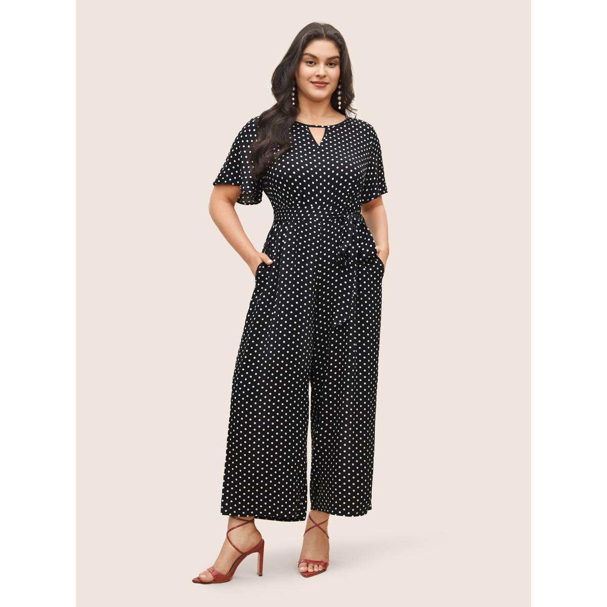 Plus Size Black Polka Dot Cut Out Zipper Belted Jumpsuit Women Elegant Short sleeve Notched collar Everyday Loose Jumpsuits BloomChic 26/4X Product Image