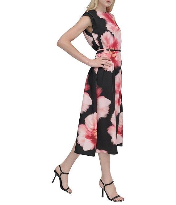 DKNY by Donna Karan Woven Floral Print Crew Neck Cap Sleeve Belted Fit and Flare Midi Dress Product Image