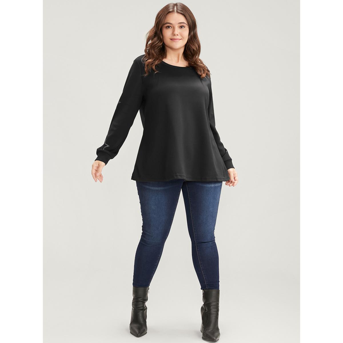 Plus Size Star Print Round Neck Drop Shoulder Sweatshirt Women Black Elegant Printed Round Neck Dailywear Sweatshirts BloomChic 10/M Product Image