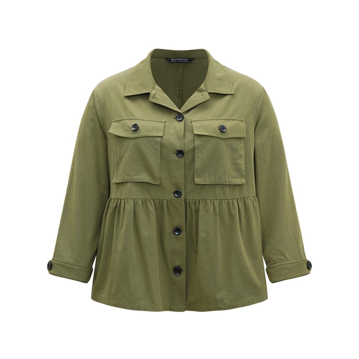 Plus Size Solid Gathered Button Through Pocket Jacket Women Moss Casual Plain Ladies Dailywear Winter Coats BloomChic 10/M Product Image