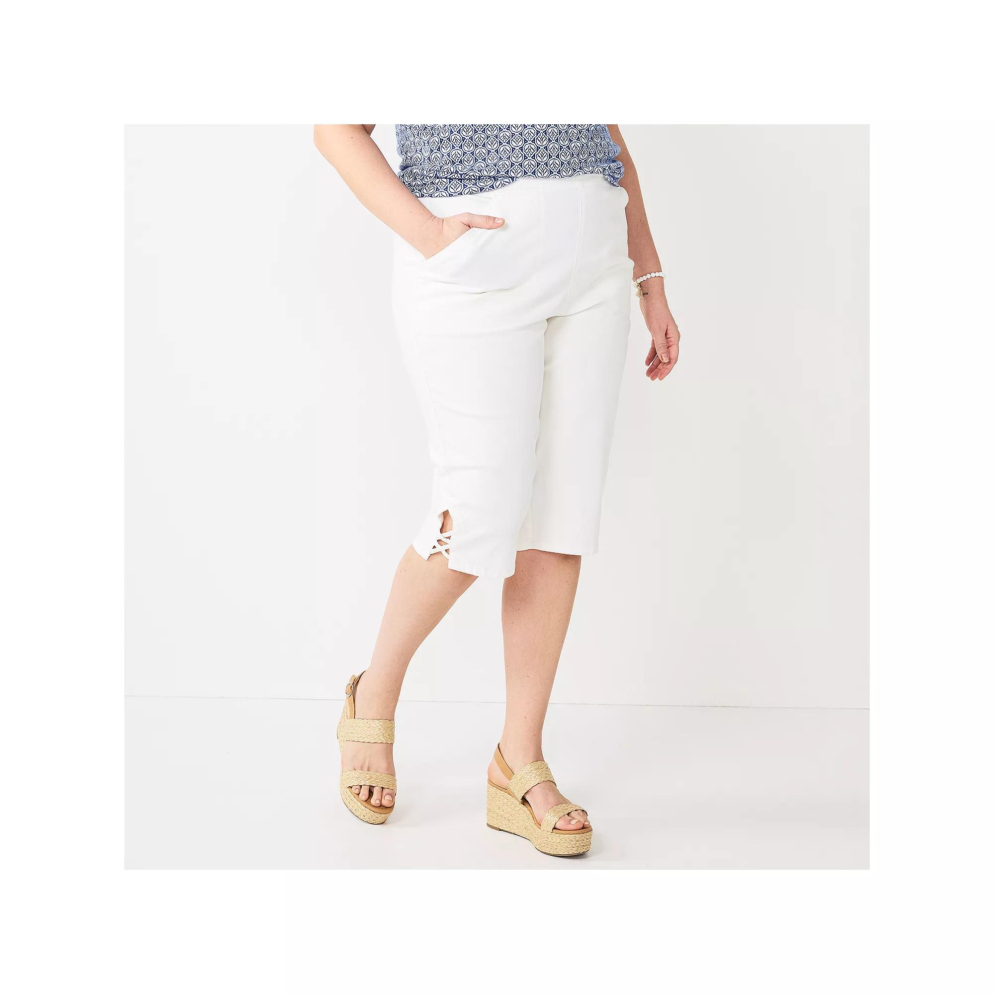 Plus Size Croft & Barrow® Lattice-Hem Pull-On Mid-Rise Skimmer Jeans, Women's, Size: 3XL, White Product Image