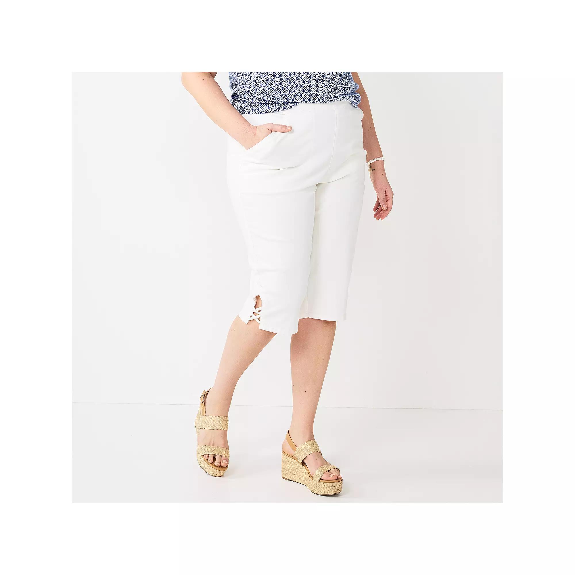 Plus Size Croft & Barrow® Lattice-Hem Pull-On Mid-Rise Skimmer Jeans, Women's, Size: 3XL, White Product Image