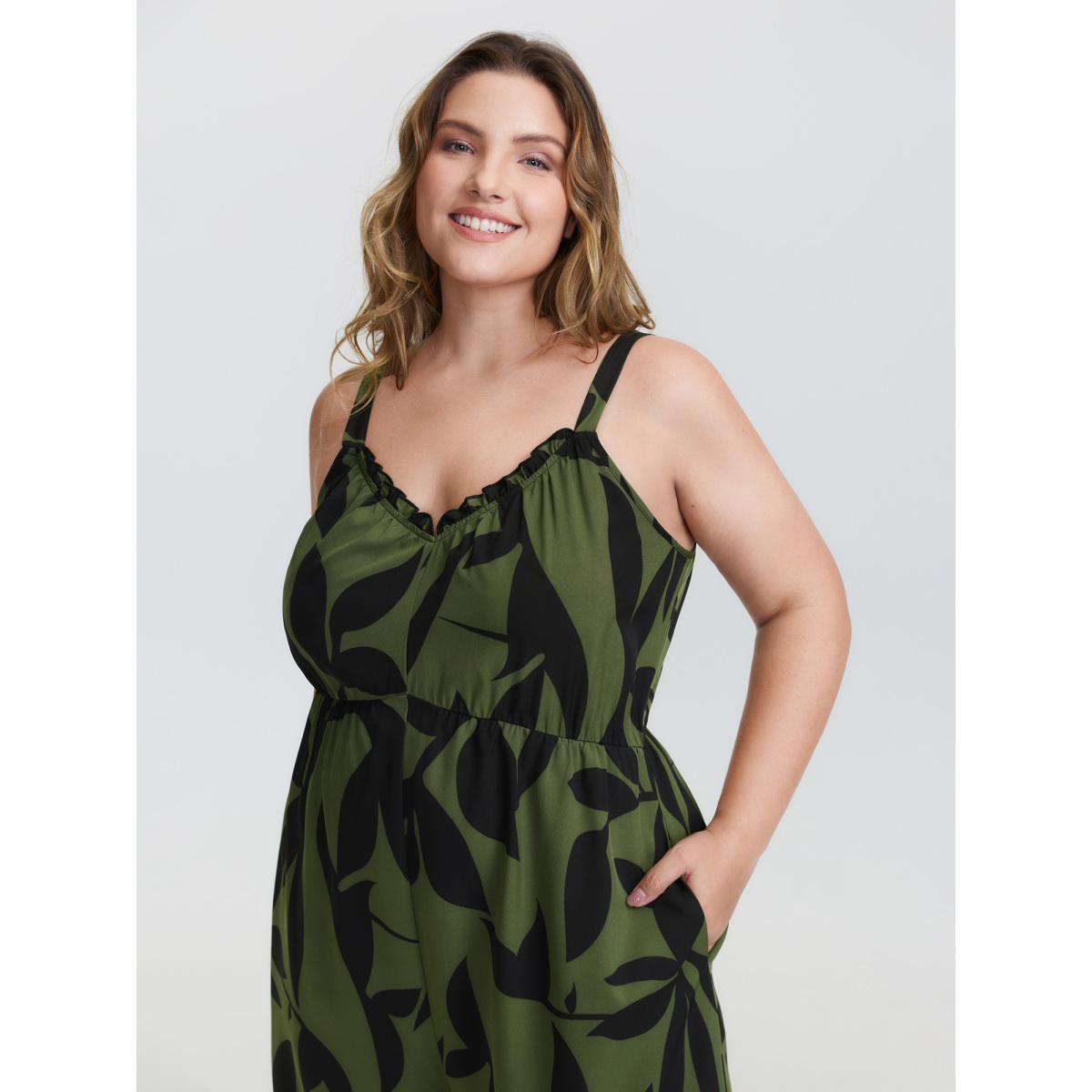 Plus Size ArmyGreen Silhouette Floral Print Sweetheart Jumpsuit Women Resort Sleeveless V-neck Vacation Loose Jumpsuits BloomChic 30/6X Product Image