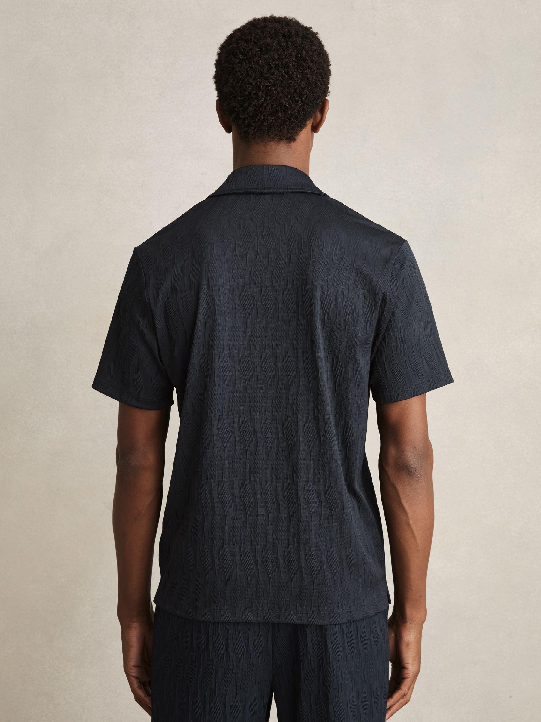 Wave-Jacquard Cuban-Collar Shirt in Navy Product Image