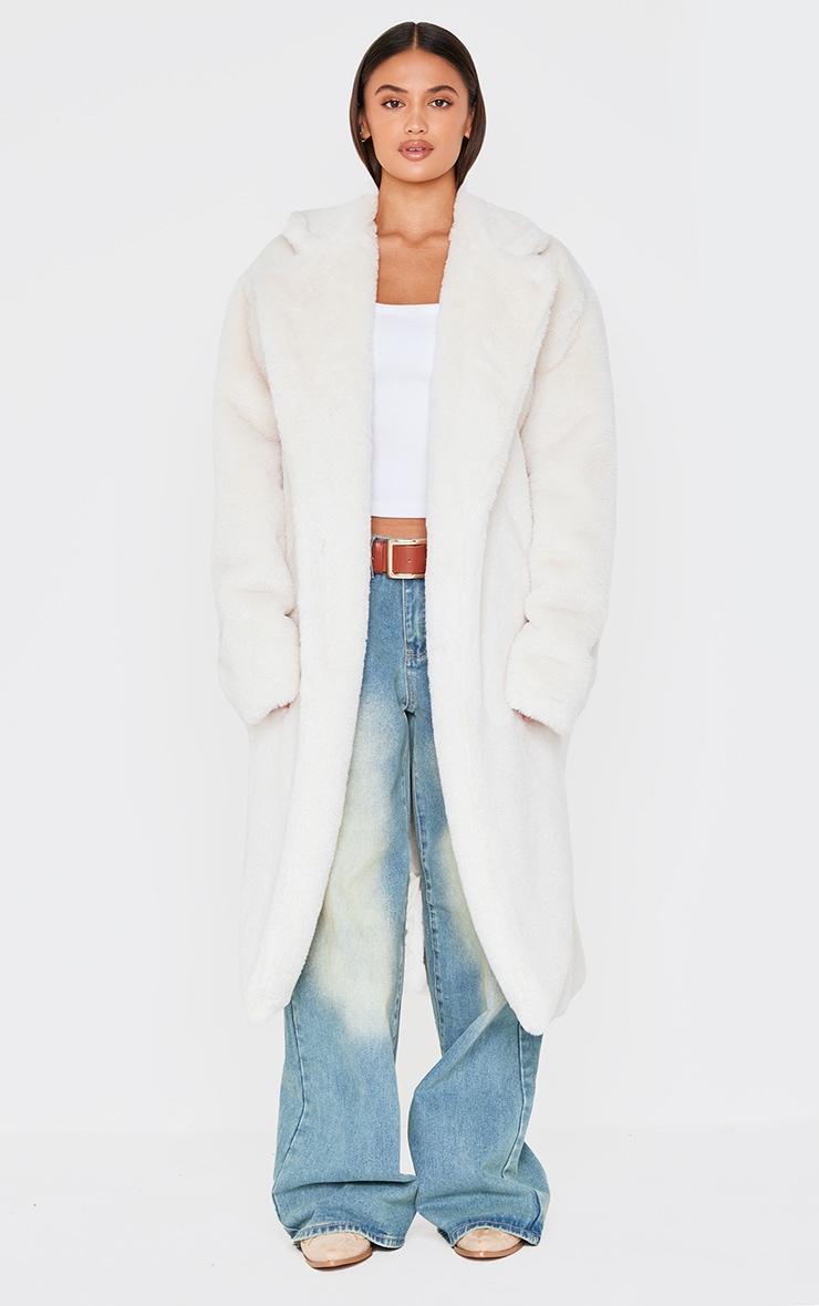 Cream Faux Fur Self Tie Oversized Coat Product Image