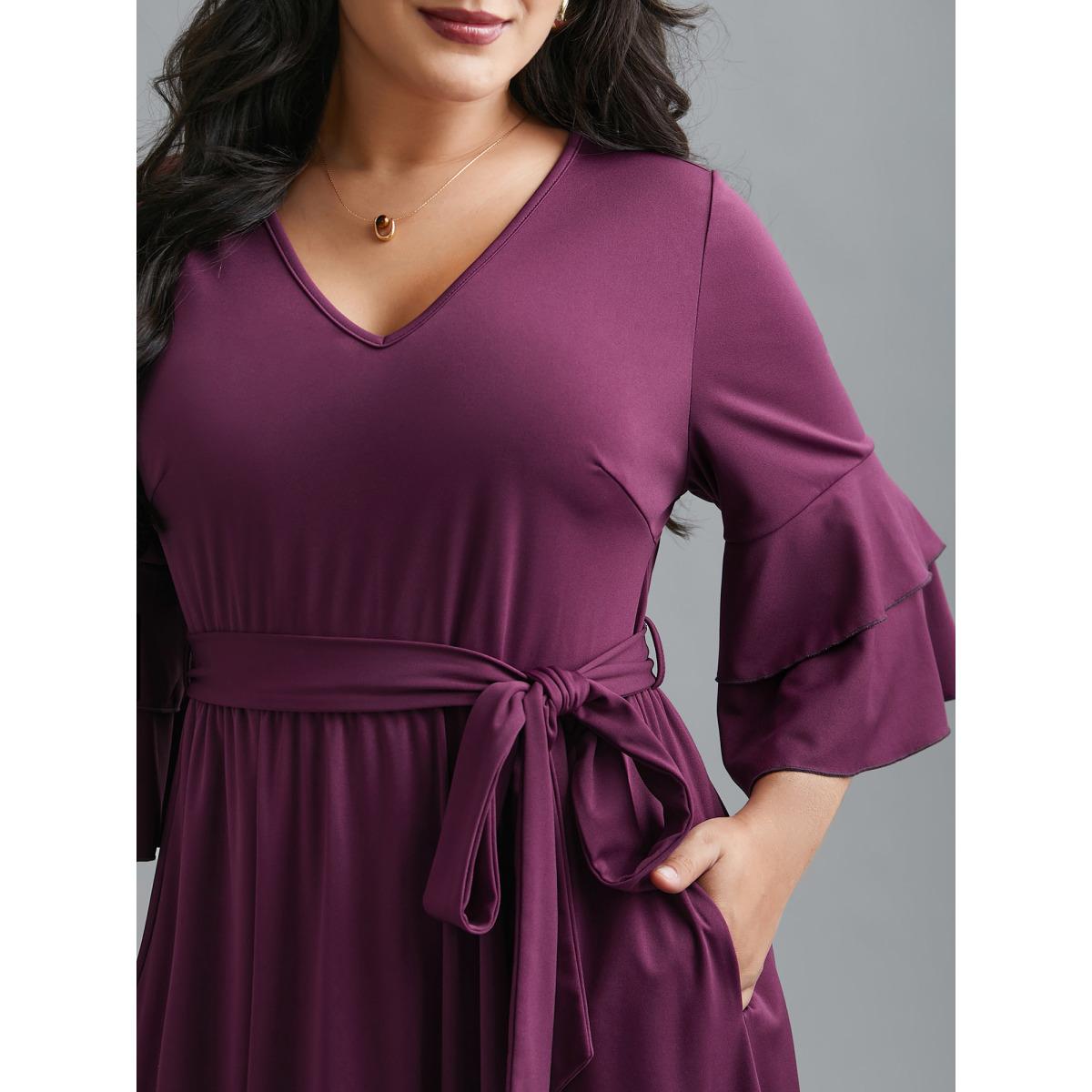 Plus Size Tiered Ruffles Belted Stretchy Waist Dress Deeppurplered Women At the Office Belted Knit Dresses Bloomchic 26/4X Product Image