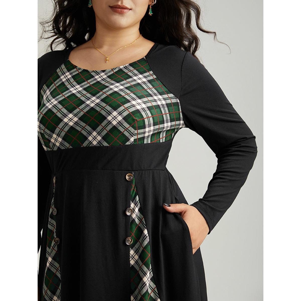 Plus Size Christmas Plaid Patchwork Button Detail Dress Black Women Elegant Printed Round Neck Long Sleeve Curvy Midi Dress BloomChic 18-20/2X Product Image
