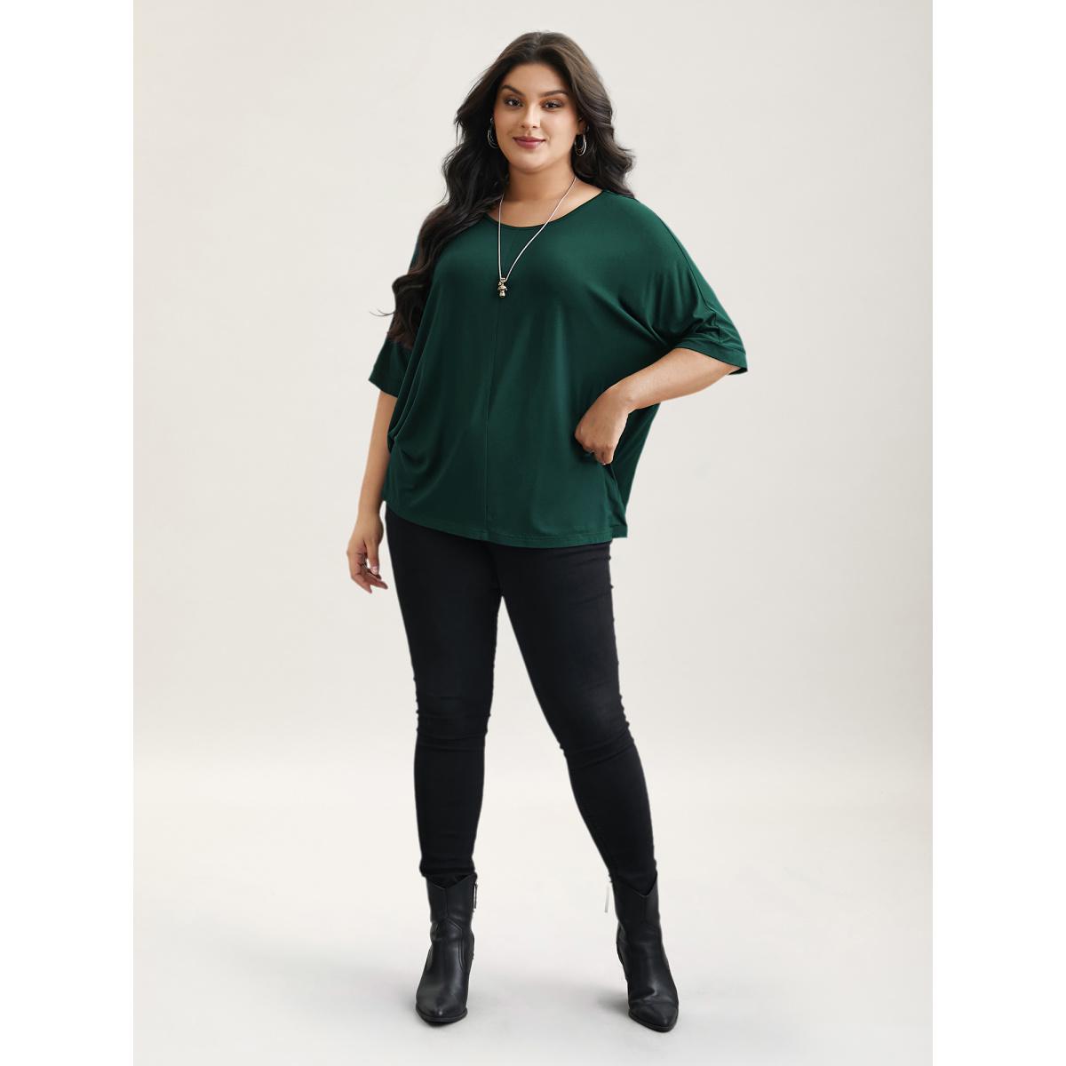 Plus Size Supersoft Round Neck Plain T-Shirt DarkGreen Women Leisure Non Round Neck Casual T-shirts BloomChic 28/5X Product Image