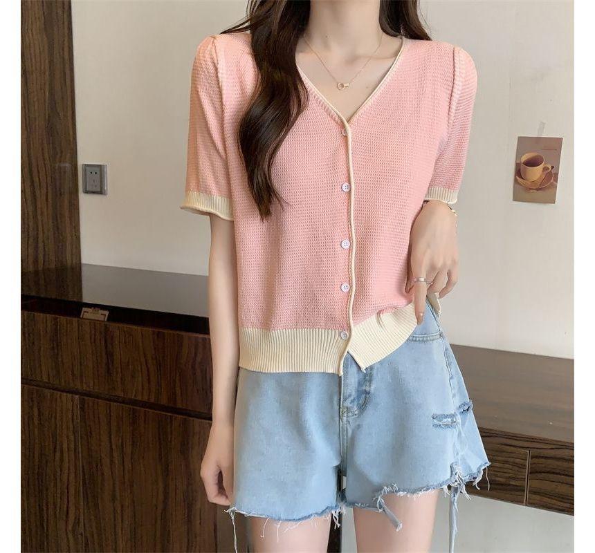 Short-Sleeve V-Neck Two Tone Cardigan Product Image