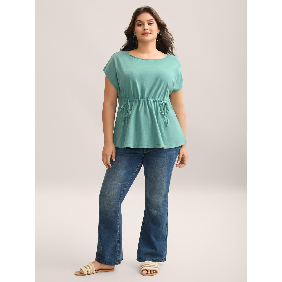Plus Size Pure Cotton Waist-Tie Plain T-Shirt Turquoise Women Drawstring Boat Neck Vacation T-shirts BloomChic 22-24/3X Product Image