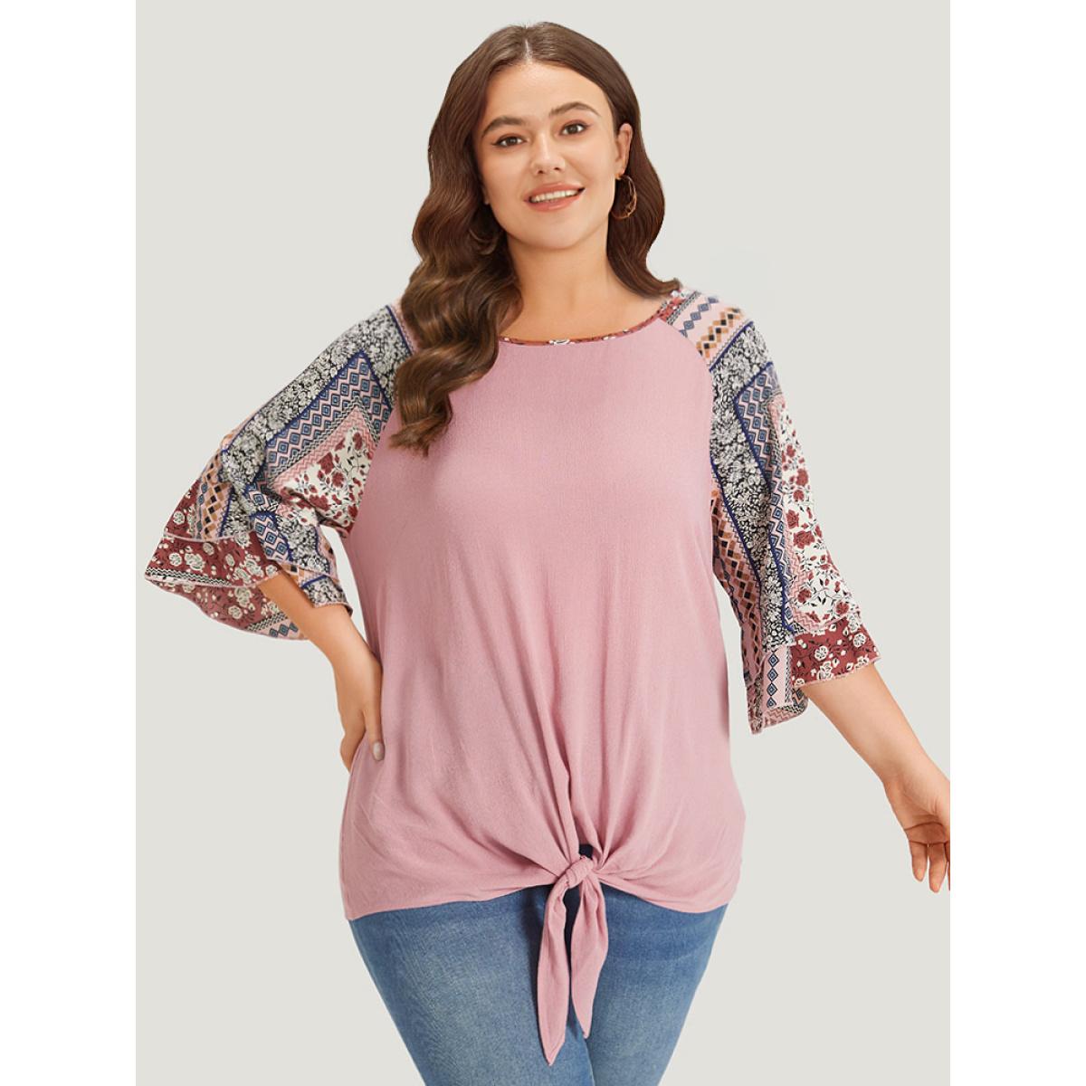 Plus Size DustyPink Bandana Patchwork Knotted Bell Sleeve Blouse Women Elegant Elbow-length sleeve Round Neck Dailywear Blouses BloomChic 30/6X Product Image