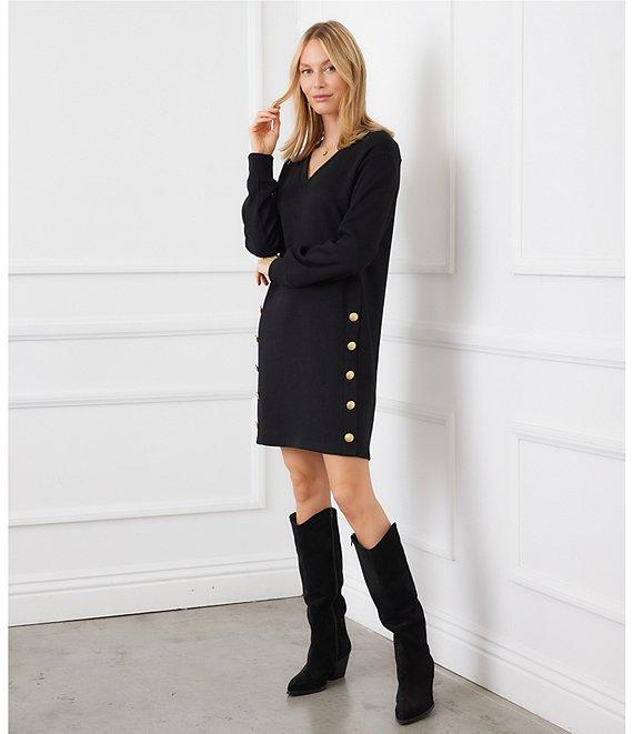 Karen Kane Petite Size Knit Long Sleeve V-Neck Button Detail Dress Product Image