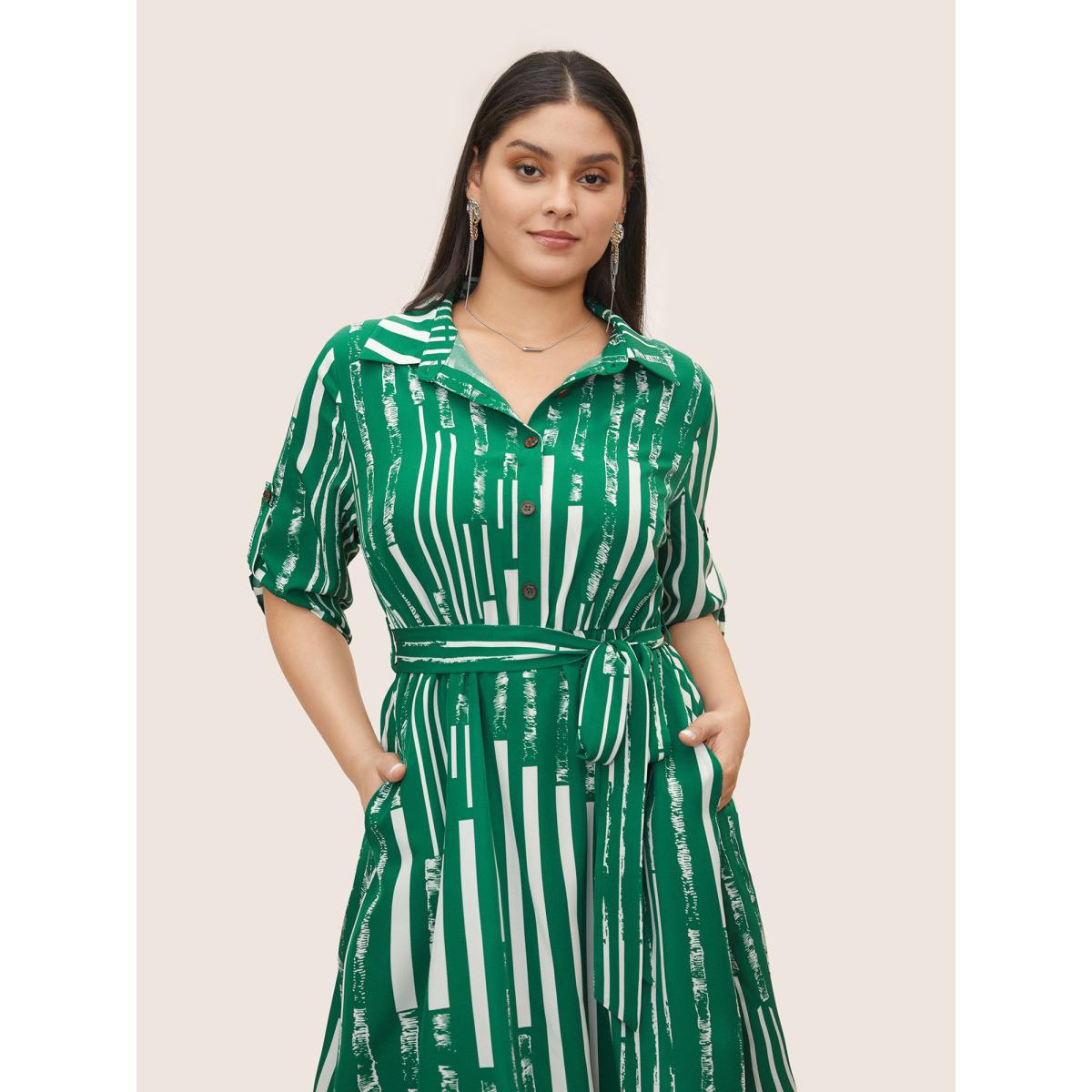 Plus Size Geometric Shirt Collar Tab Sleeve Belted Dress DarkGreen Women At the Office Belted Shirt collar Elbow-length sleeve Curvy Midi Dress BloomChic 18-20/2X Product Image