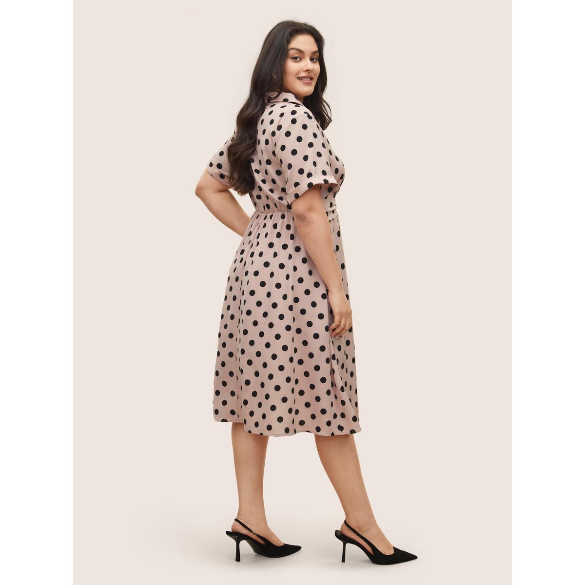 Plus Size Polka Dot Elastic Waist Ties Pocket Dress Pink Women At the Office Non Lapel Collar Short sleeve Curvy Midi Dress BloomChic 30/6X Product Image