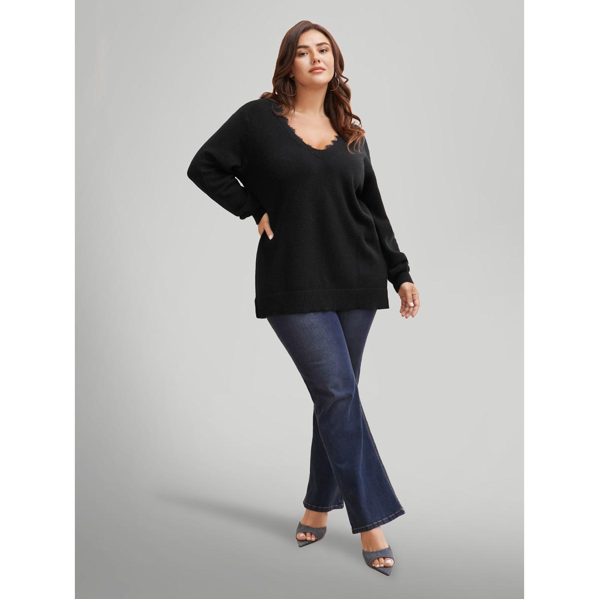 Plus Size V Neck Lace Patchwork Backless Pullover Black Women Elegant Long Sleeve V-neck Everyday Pullovers BloomChic 14-16/1X Product Image