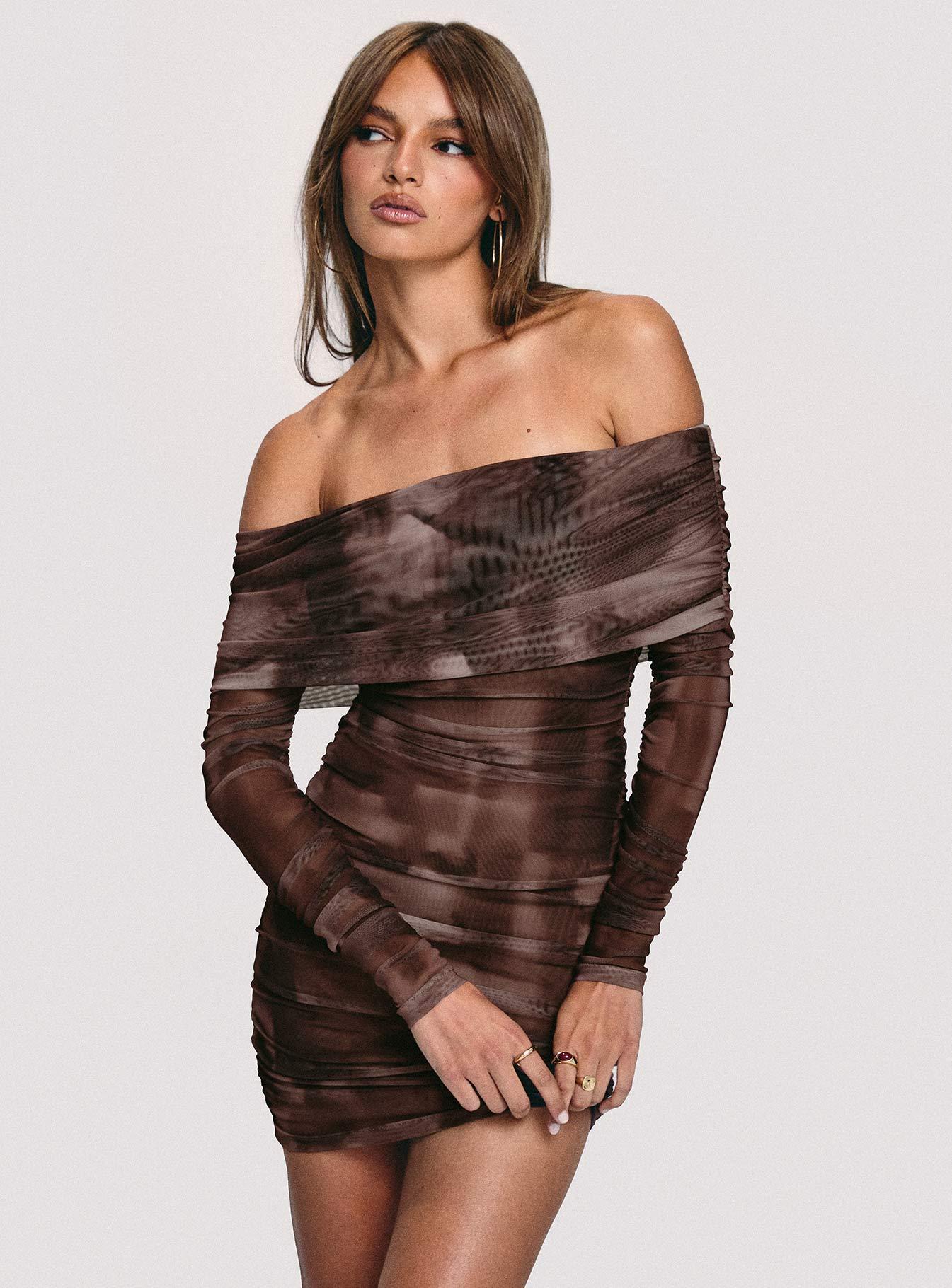 Raquella Long Sleeve Mini Dress Brown Product Image