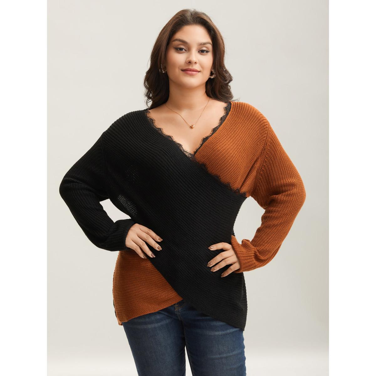 Plus Size Colorblock Contrast Pointelle Knit Lace Crisscross Knit Top Chocolate Women Elegant Loose Long Sleeve Deep V-neck Dailywear Pullovers BloomChic 30/6X Product Image
