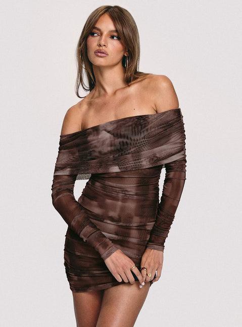 Raquella Long Sleeve Mini Dress Brown Product Image