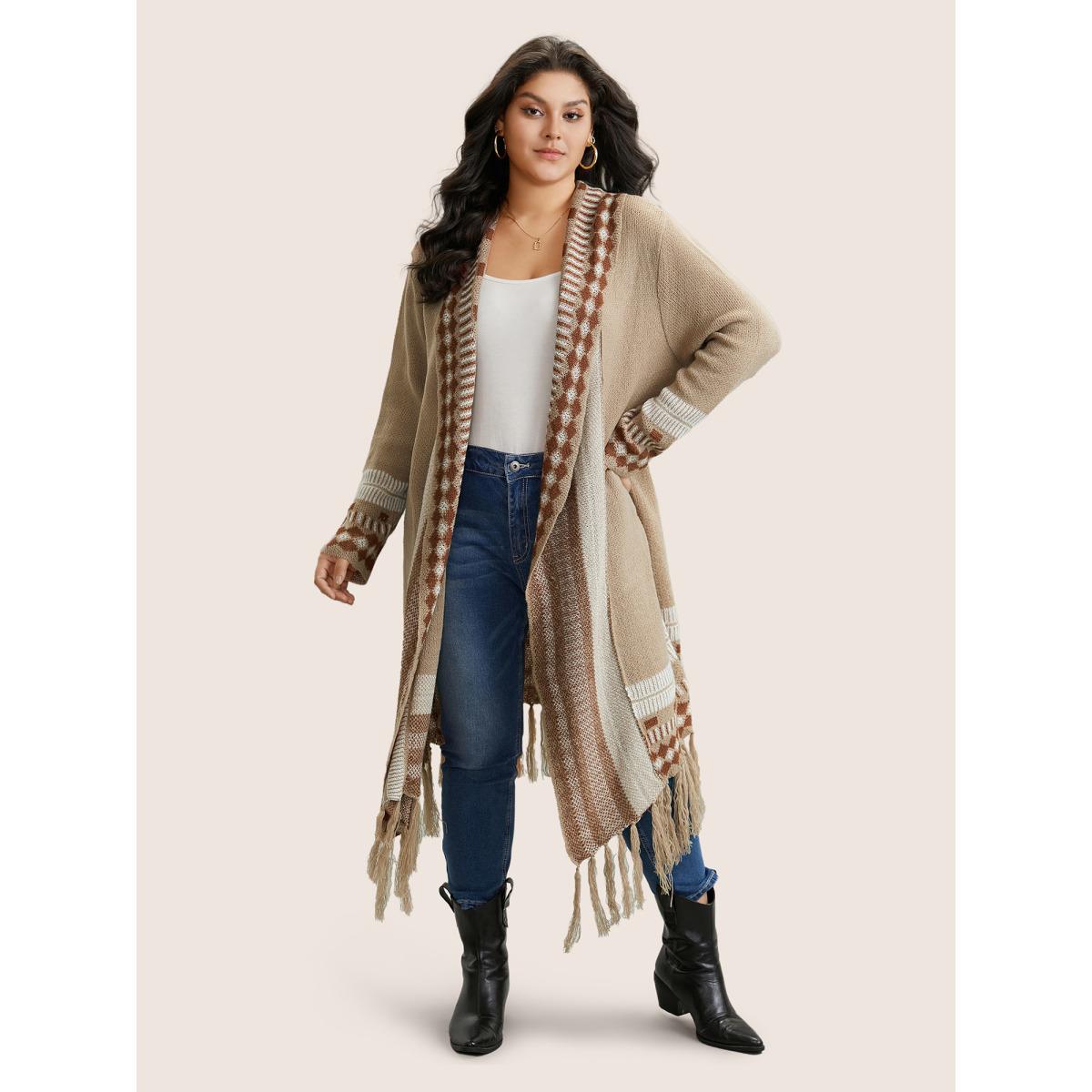 Plus Size Bandana Print Fringe Trim Maxi Cardigan Tan Women Casual Long Sleeve Everyday Cardigans BloomChic 14-16/1X Product Image