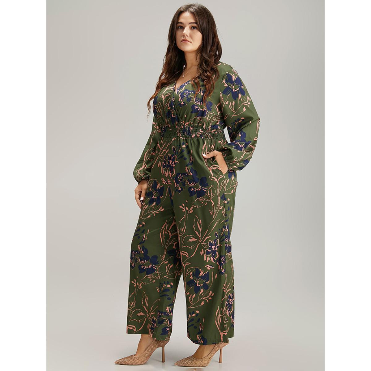 Plus Size Moss Silhouette Floral Print Shirred Elastic Cuffs Jumpsuit Women Resort Long Sleeve V-neck Vacation Loose Jumpsuits BloomChic 12/L Product Image
