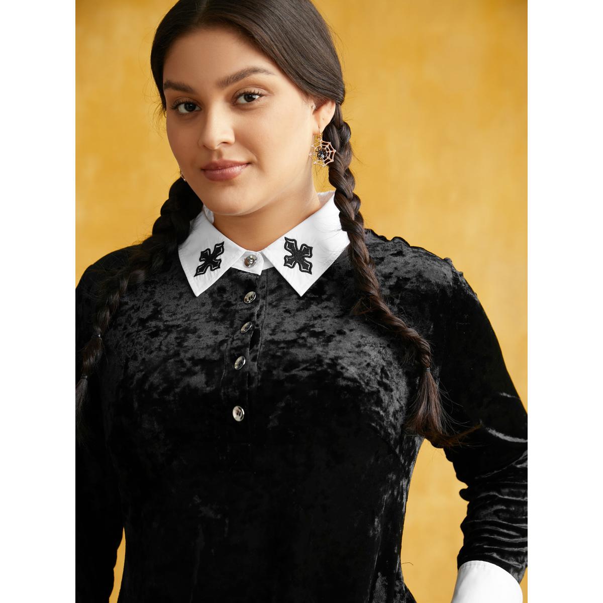 Plus Size Stretch Velvet Collared Midi Dress Black Women Cocktail Texture Party Curvy Bloomchic 10/M Product Image