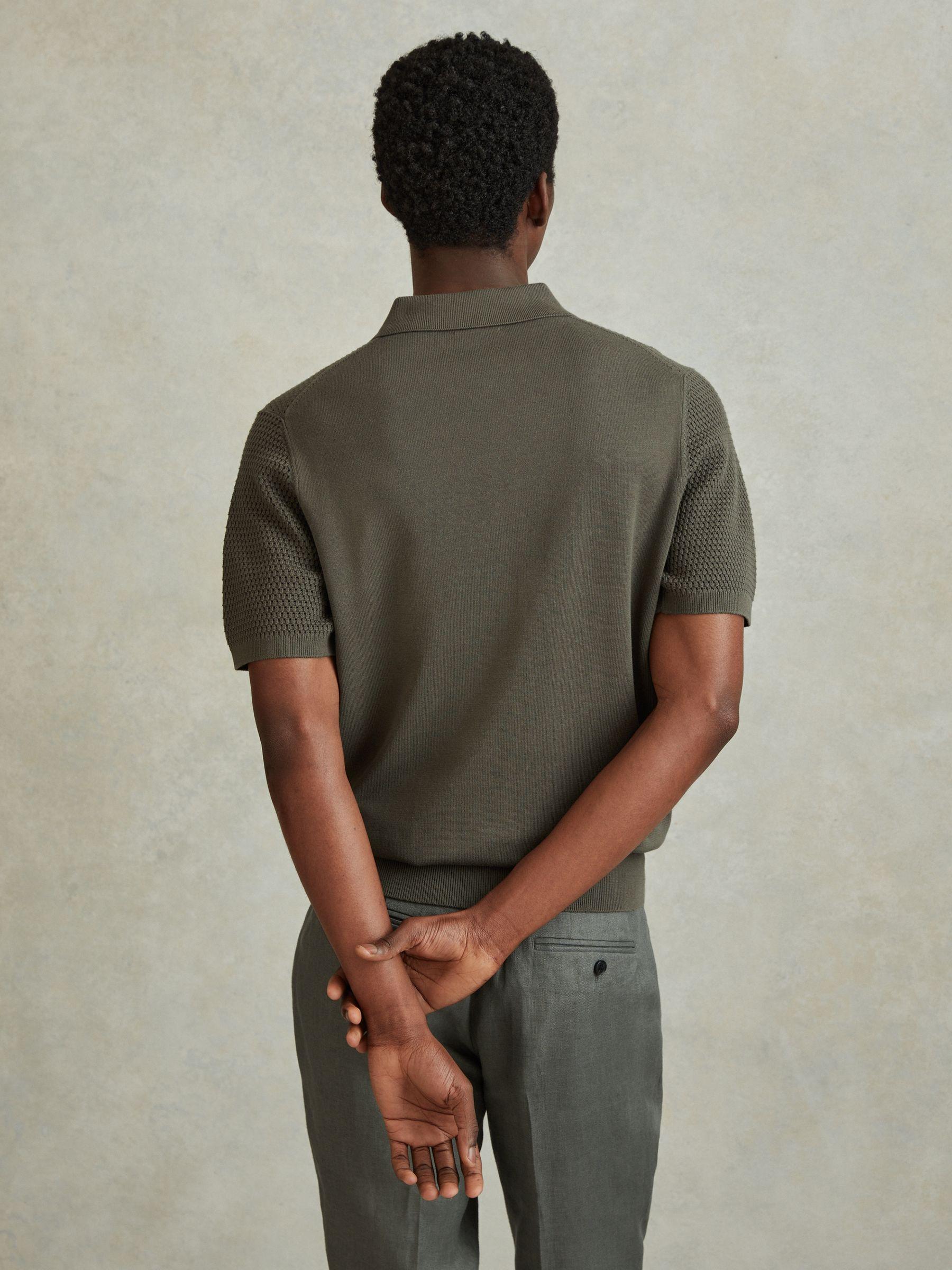 Cotton Blend Textured Half-Zip Polo Shirt in Dark Sage Product Image