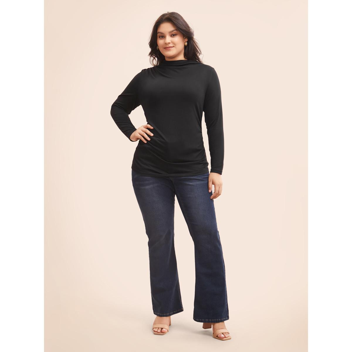Plus Size Supersoft Essentials Mock Neck Ruched T-shirt Black Women Casual Gathered Mock Neck Skinny Everyday T-shirts BloomChic 22-24/3X Product Image