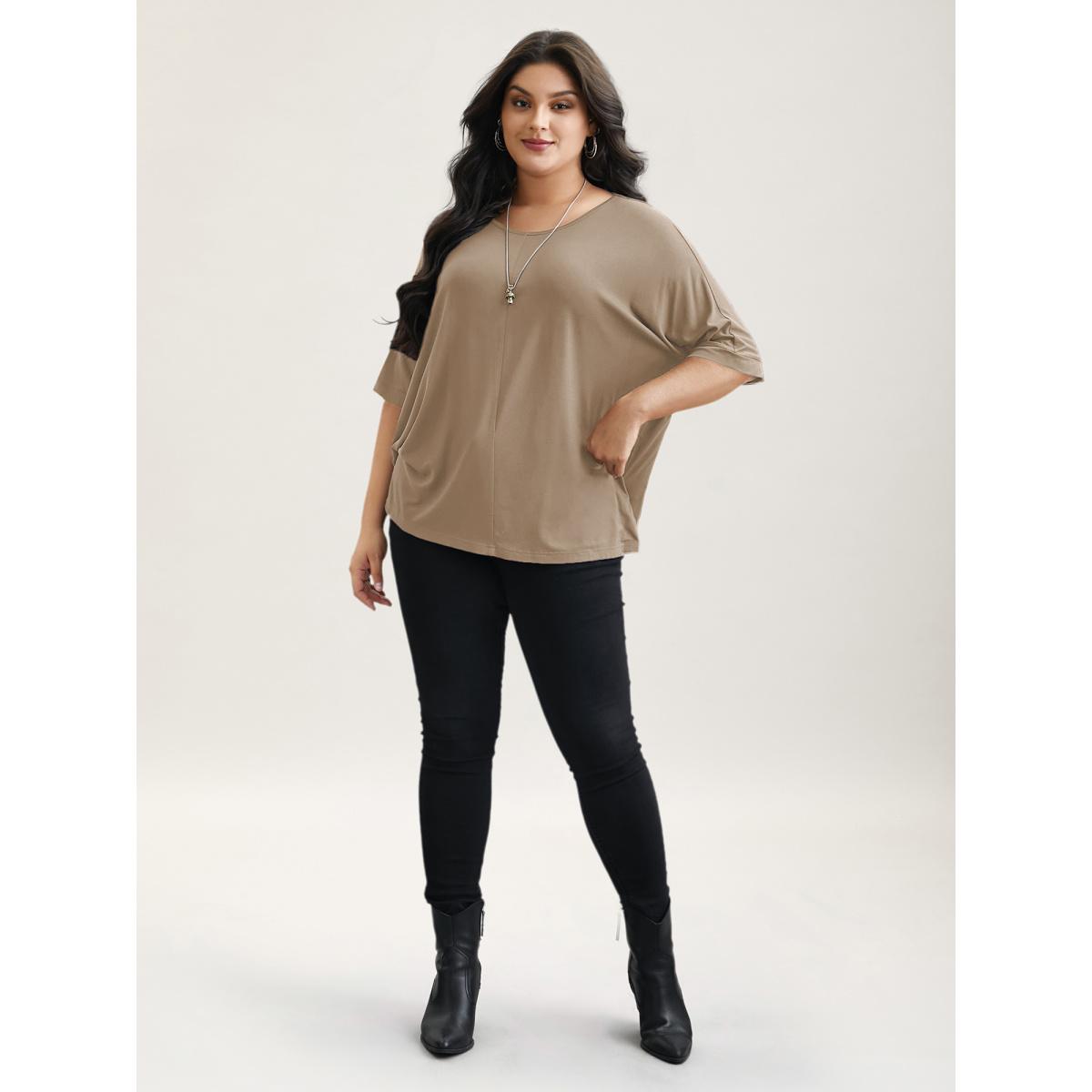 Plus Size Supersoft Round Neck Plain T-Shirt LightBrown Women Casual Non Round Neck Everyday T-shirts BloomChic 14-16/1X Product Image