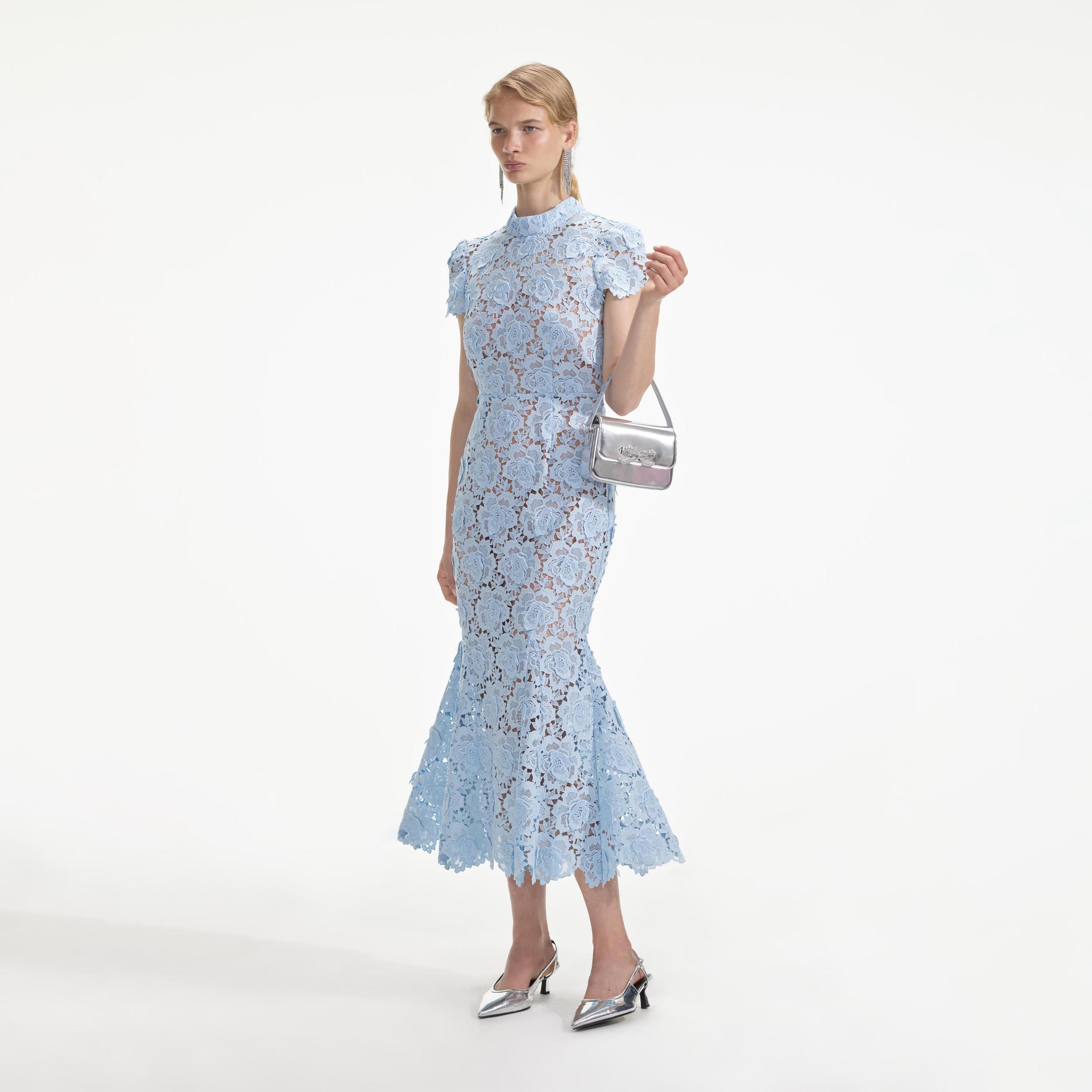 Blue Flower Lace Midi Dress Product Image