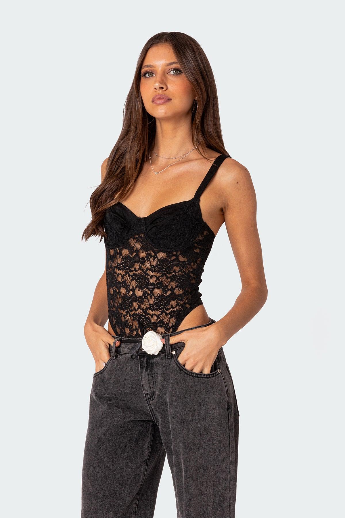 Lace & Satin Effect Cupped Bodysuit Product Image