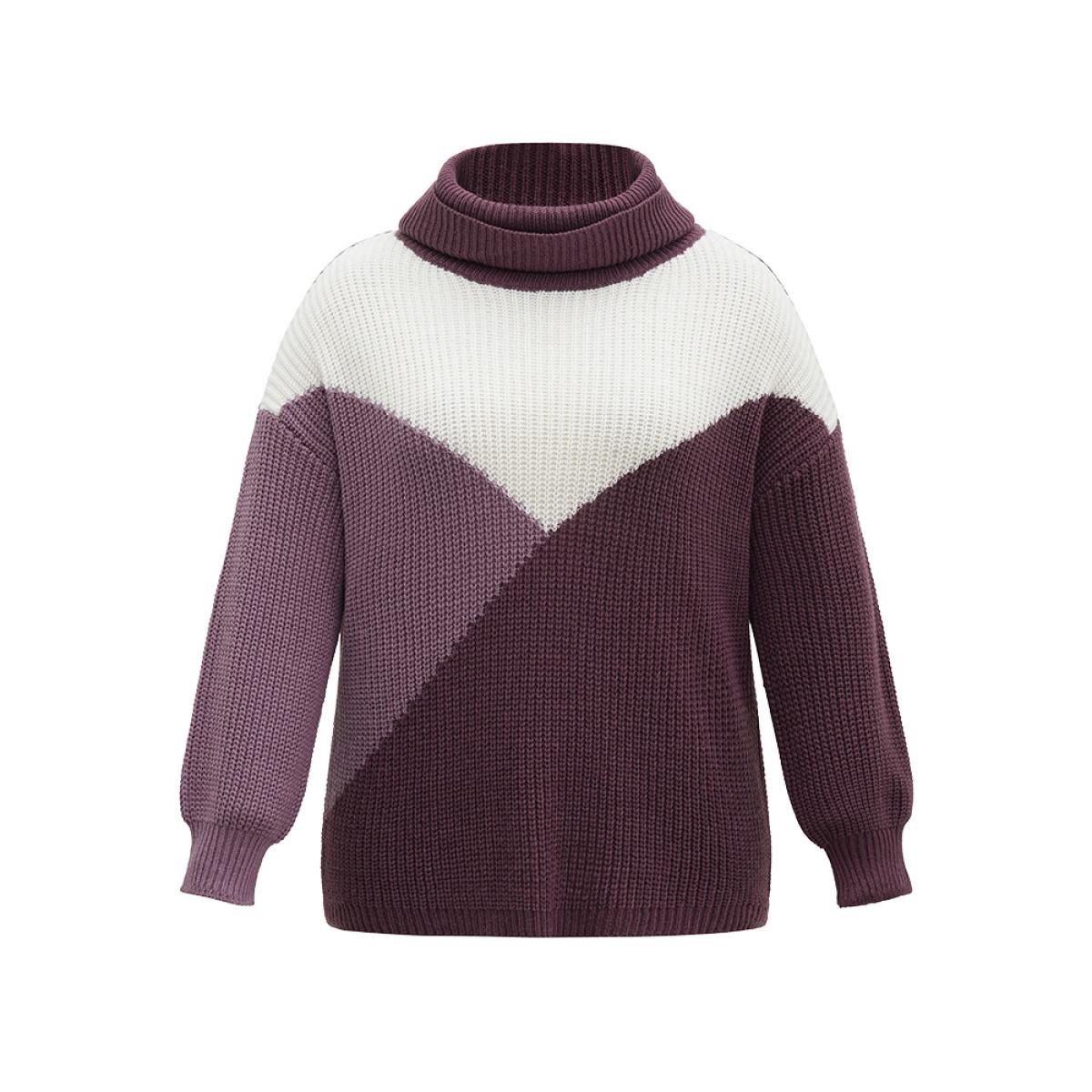 Plus Size Asymmetrical Colorblock Turtle Neck Drop Shoulder Pullover Purple Women Casual Loose Long Sleeve Turtleneck Dailywear Pullovers BloomChic 10/M Product Image