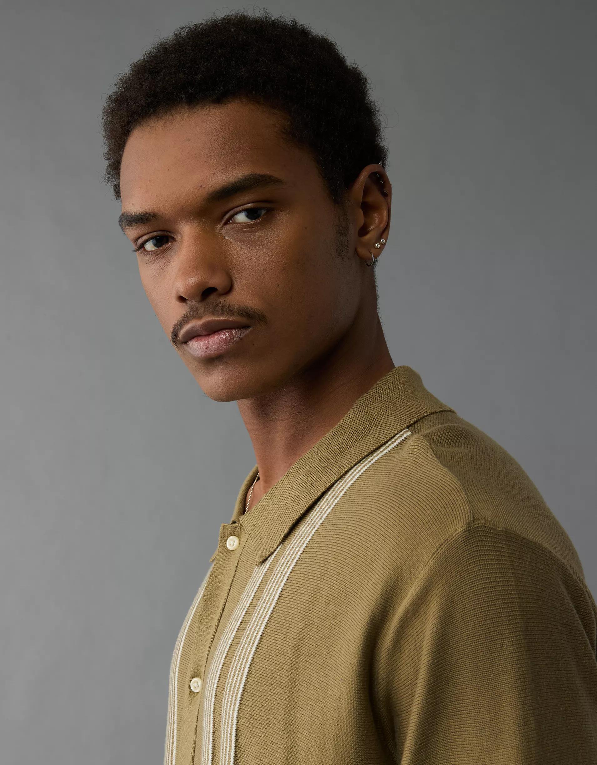 AE Weekend Button-Up Striped Sweater Polo Shirt Product Image