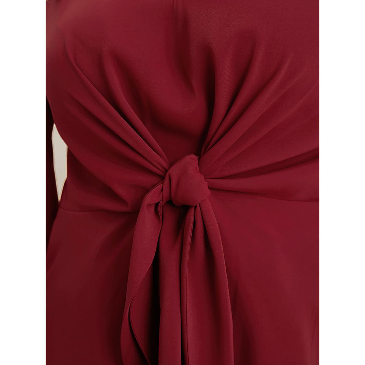 Plus Size Burgundy Solid V Neck Lantern Sleeve Knotted Front Blouse Women Elegant Long Sleeve V-neck Dailywear Blouses BloomChic 30/6X Product Image